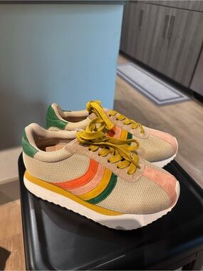Charlotte Stone Beige Retro Runner Sneakers with Yellow, Green & Pink Accents